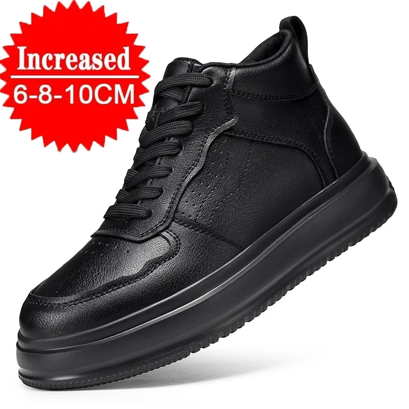 A single black leather high-top sneaker with a thick black platform sole, shown at an angle on a white background with a red starburst graphic in the top-left corner that reads 'Increased 6-8-10CM'.
