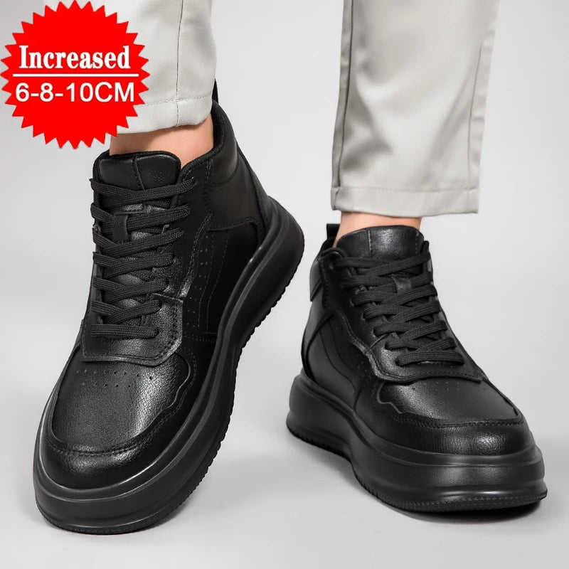 A pair of black high-top lace-up shoes with chunky platform soles, shown on a model wearing light gray pants. A red starburst graphic in the top-left corner reads 'Increased 6-8-10CM'.