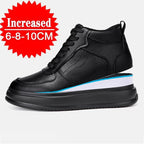 A black high-top platform sneaker with a chunky sole, black laces, and a white and blue accent stripe on the side. A red starburst graphic in the top left corner reads 'Increased 6-8-10CM'.