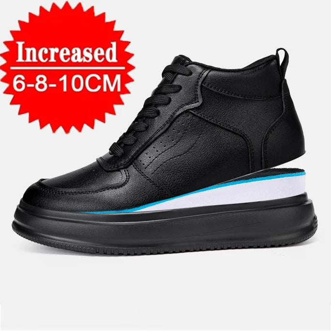 A black high-top platform sneaker with a chunky sole, black laces, and a white and blue accent stripe on the side. A red starburst graphic in the top left corner reads 'Increased 6-8-10CM'.