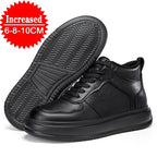 A pair of black low-top lace-up shoes shown on a white background, with one shoe standing upright and the other lying on its side to display the sole. A red starburst graphic in the top left corner reads 'Increased 6-8-10CM'.