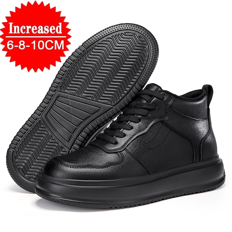A pair of black low-top lace-up shoes shown on a white background, with one shoe standing upright and the other lying on its side to display the sole. A red starburst graphic in the top left corner reads 'Increased 6-8-10CM'.