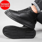 A pair of black leather low-top sneakers shown on a light gray studio background, with one shoe worn and the other placed upside down to display the sole. A red starburst badge in the top left reads 'Increased 6-8-10CM'.