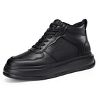 A black leather high-top sneaker with a thick black platform sole, shown on a white background with a red starburst graphic overlay that reads 'Increased 8CM'.