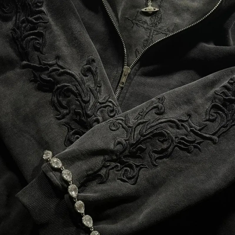 Vine Embroidered Hoodie Gothic High Street Washed Y2K Streetwear Unisex
