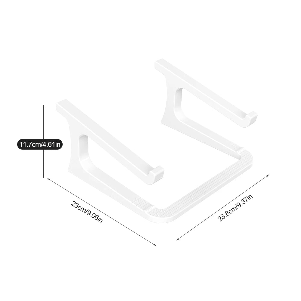 White plastic monitor stand shown with dimension labels and arrows indicating 11.7 cm height, 23 cm width, and 23.