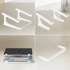 Collage of a white laptop stand with different angles on a neutral background