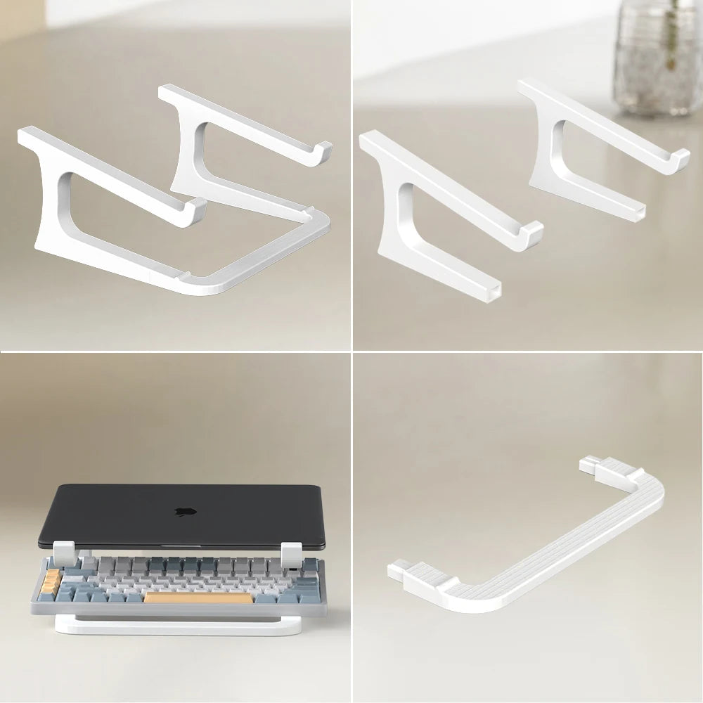 Collage of a white laptop stand with different angles on a neutral background