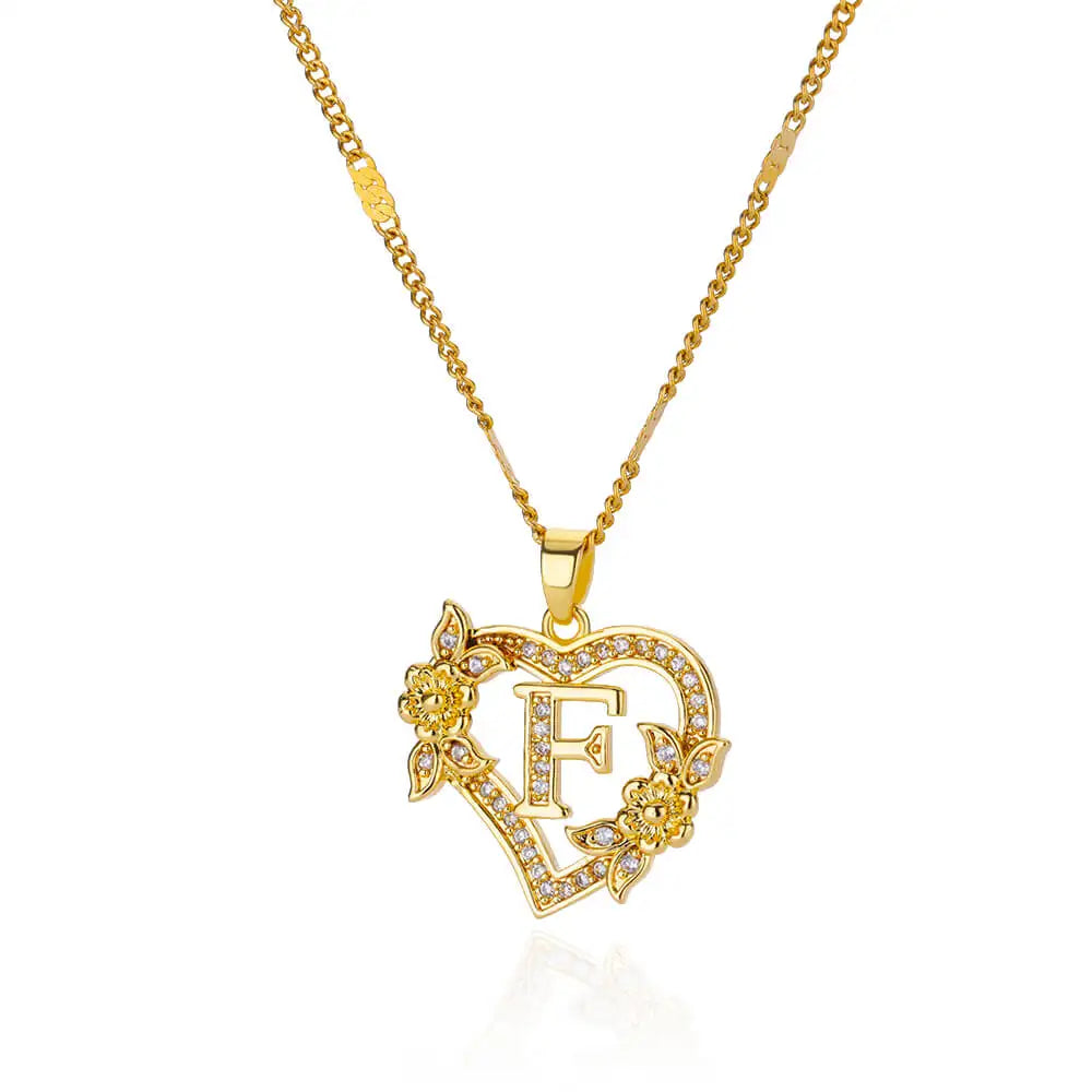 Initials Gold Necklace Zircon Flower Love Heart