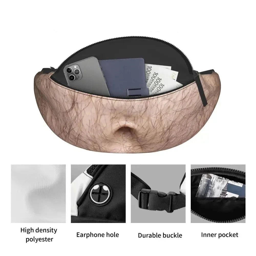 A fanny pack or waist bag with a realistic hair-texture print in beige and brown tones, shown open with a phone and cards inside. The image includes the text 'PRODUCT DETAILS' and four small detail panels below highlighting high-density polyester, an earphone hole, a durable buckle, and an inner pocket.