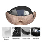 A fanny pack or waist bag with a realistic hair-texture print in beige and brown tones, shown open with a phone and cards inside. The image includes the text 'PRODUCT DETAILS' and four small detail panels below highlighting high-density polyester, an earphone hole, a durable buckle, and an inner pocket.