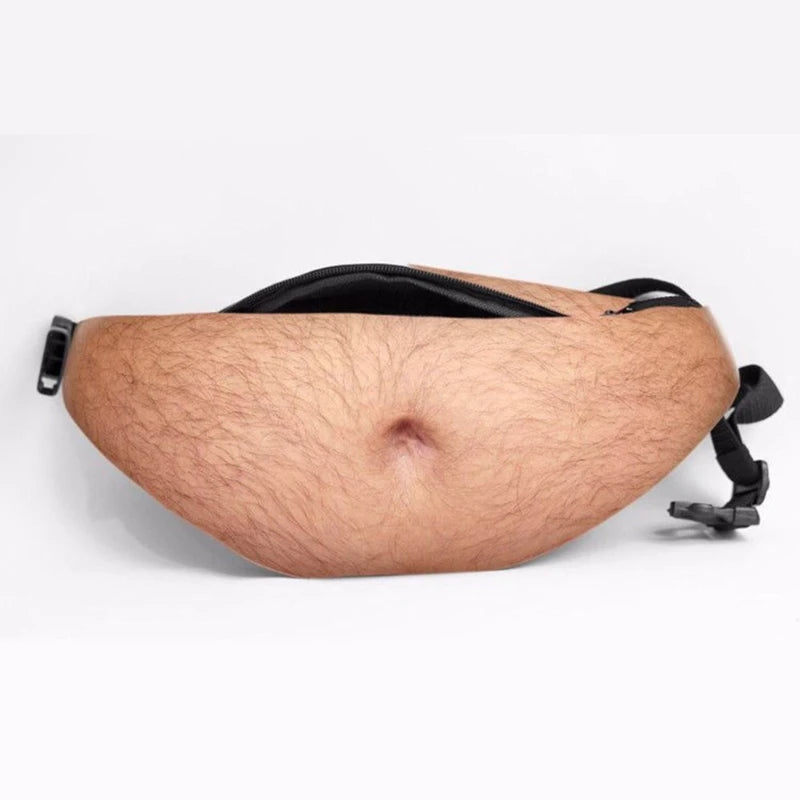 A novelty fanny pack designed to look like a hairy human belly, with a black zipper and black adjustable strap, shown on a plain white background.
