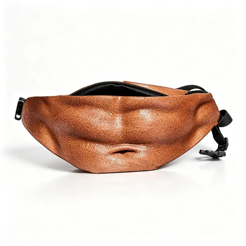 A brown faux-leather fanny pack designed to look like a muscular male torso, featuring a black interior zippered compartment and adjustable black straps, shown on a white background.