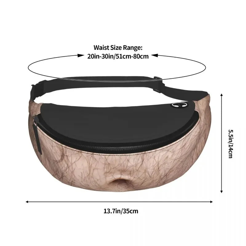 A waist bag or fanny pack with a beige and brown hair-like or textured print and a black zipper and black strap, shown with dimension lines and text indicating waist size range 20in-30in/51cm-80cm and height 5.5in/14cm on a white background.