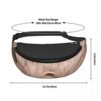 A waist bag or fanny pack with a beige and brown hair-like or textured print and a black zipper and black strap, shown with dimension lines and text indicating waist size range 20in-30in/51cm-80cm and height 5.5in/14cm on a white background.