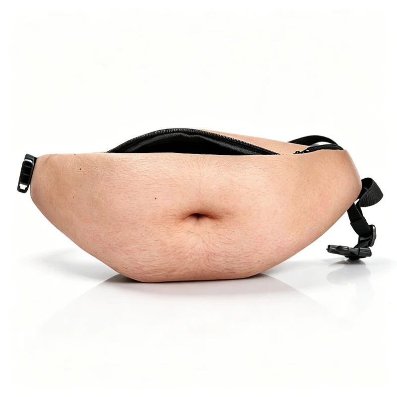 A novelty fanny pack designed to look like a human belly, featuring a realistic skin texture, a black zipper closure, and black adjustable straps, shown on a clean white background.