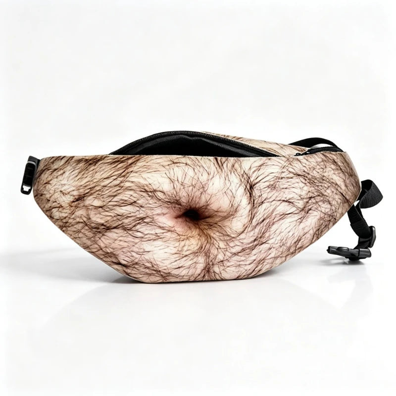 A novelty fanny pack featuring a realistic printed graphic of a bare, hairy midsection, with black adjustable straps and a black zipper.