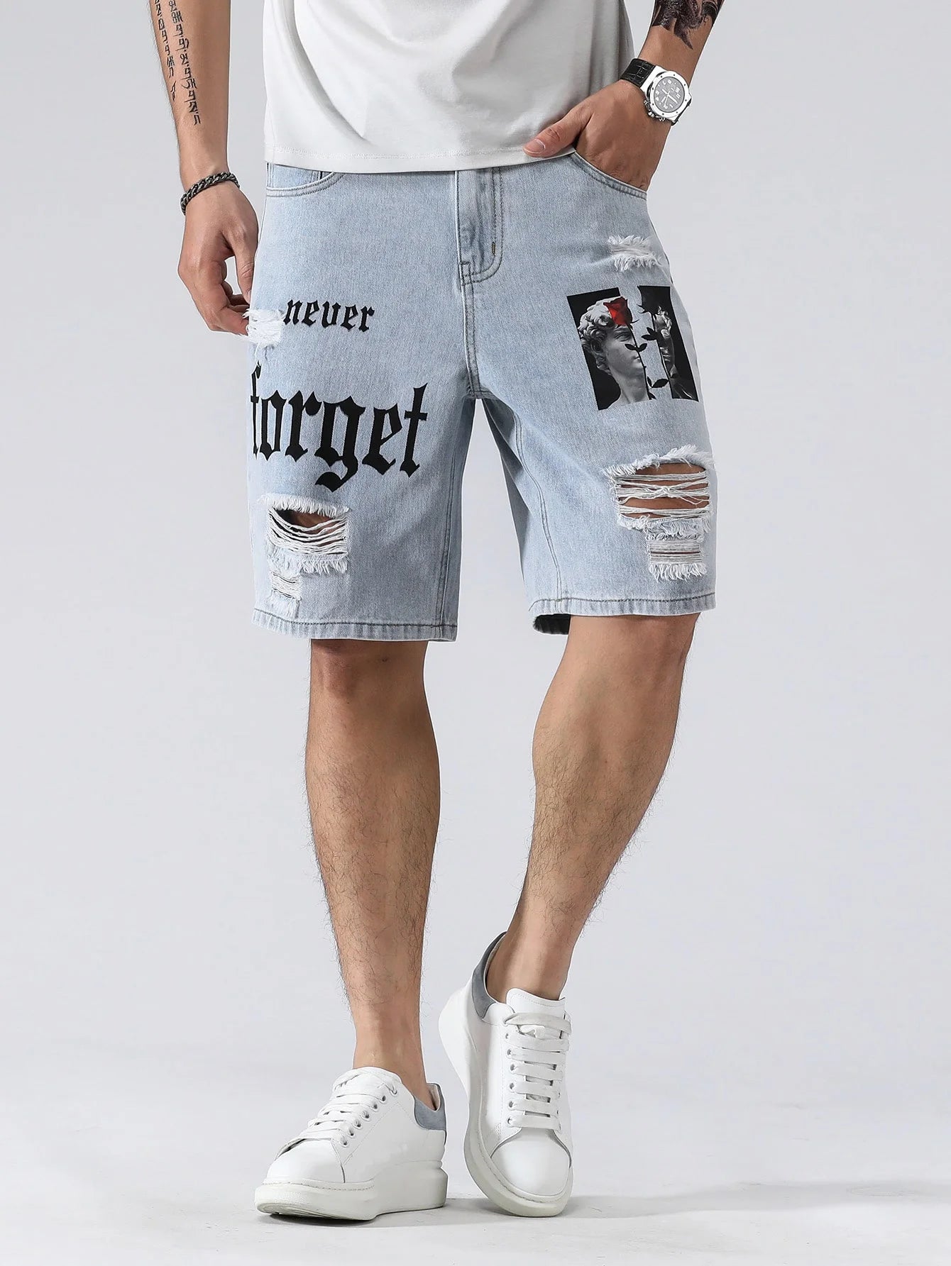 Men's Denim Baggy Shorts Distressed Knee Length Jorts