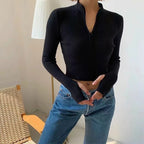 Crop Top Pullover Knitted Zip Sweater Women's