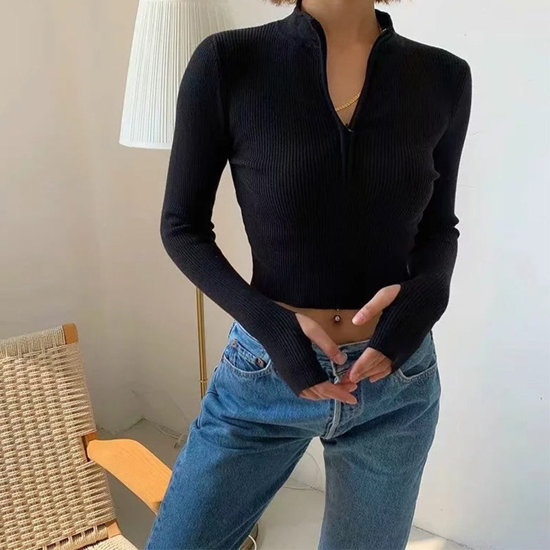 Crop Top Pullover Knitted Zip Sweater Women's