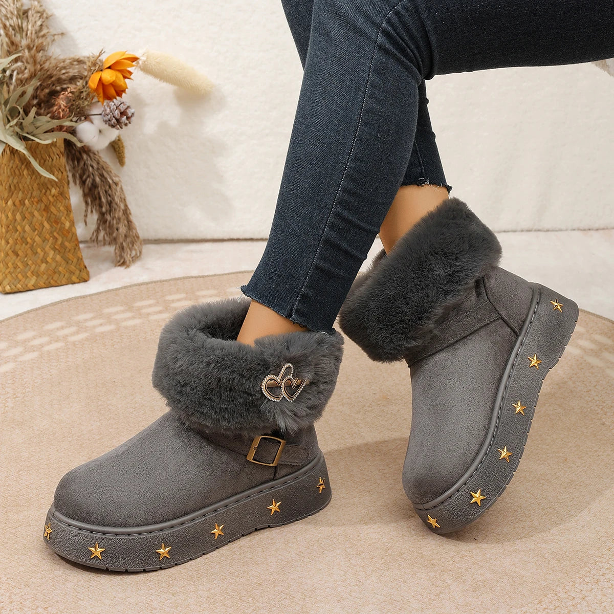 Fluffy Ankle Boots With Metal Stars Plush Booties