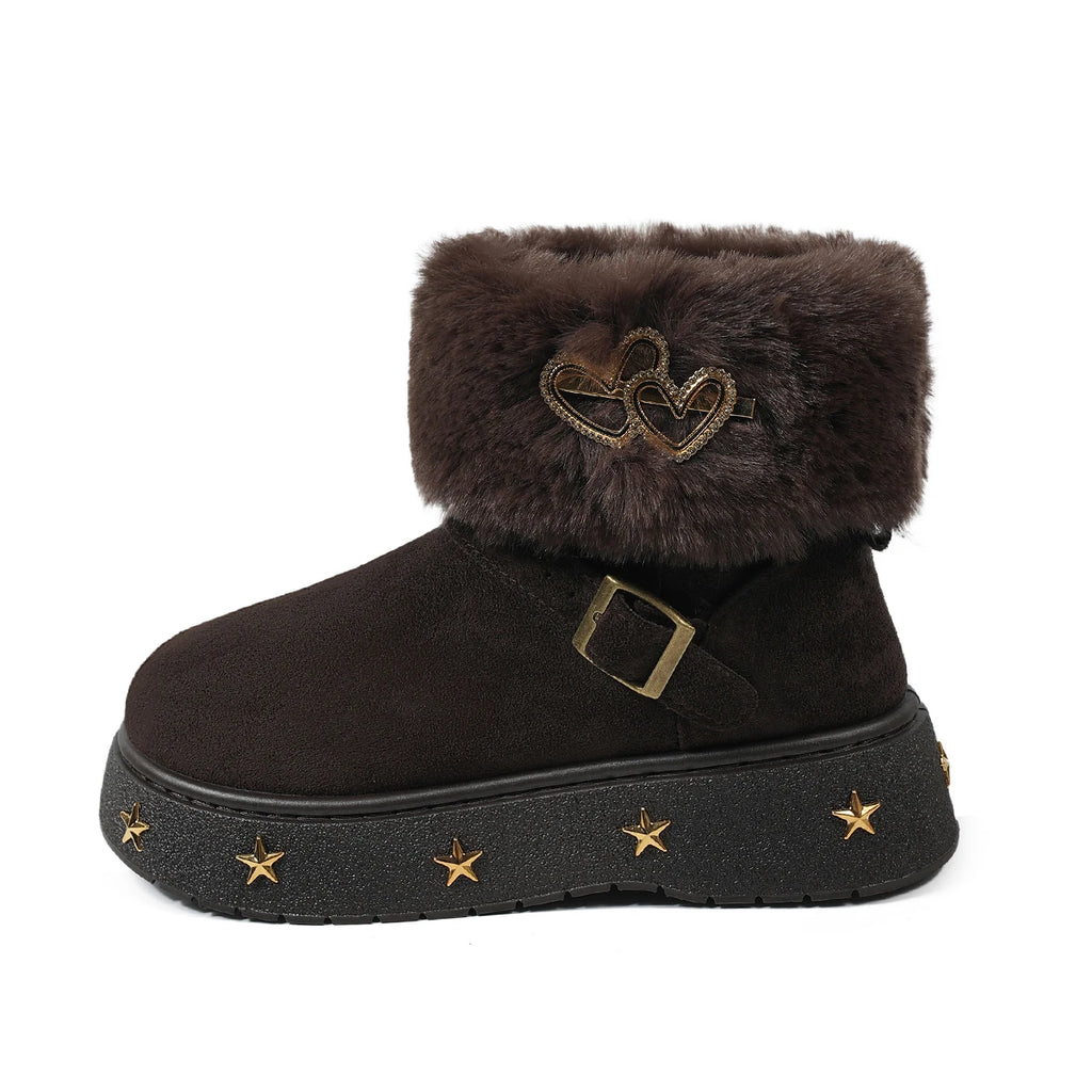 Fluffy Ankle Boots With Metal Stars Plush Booties