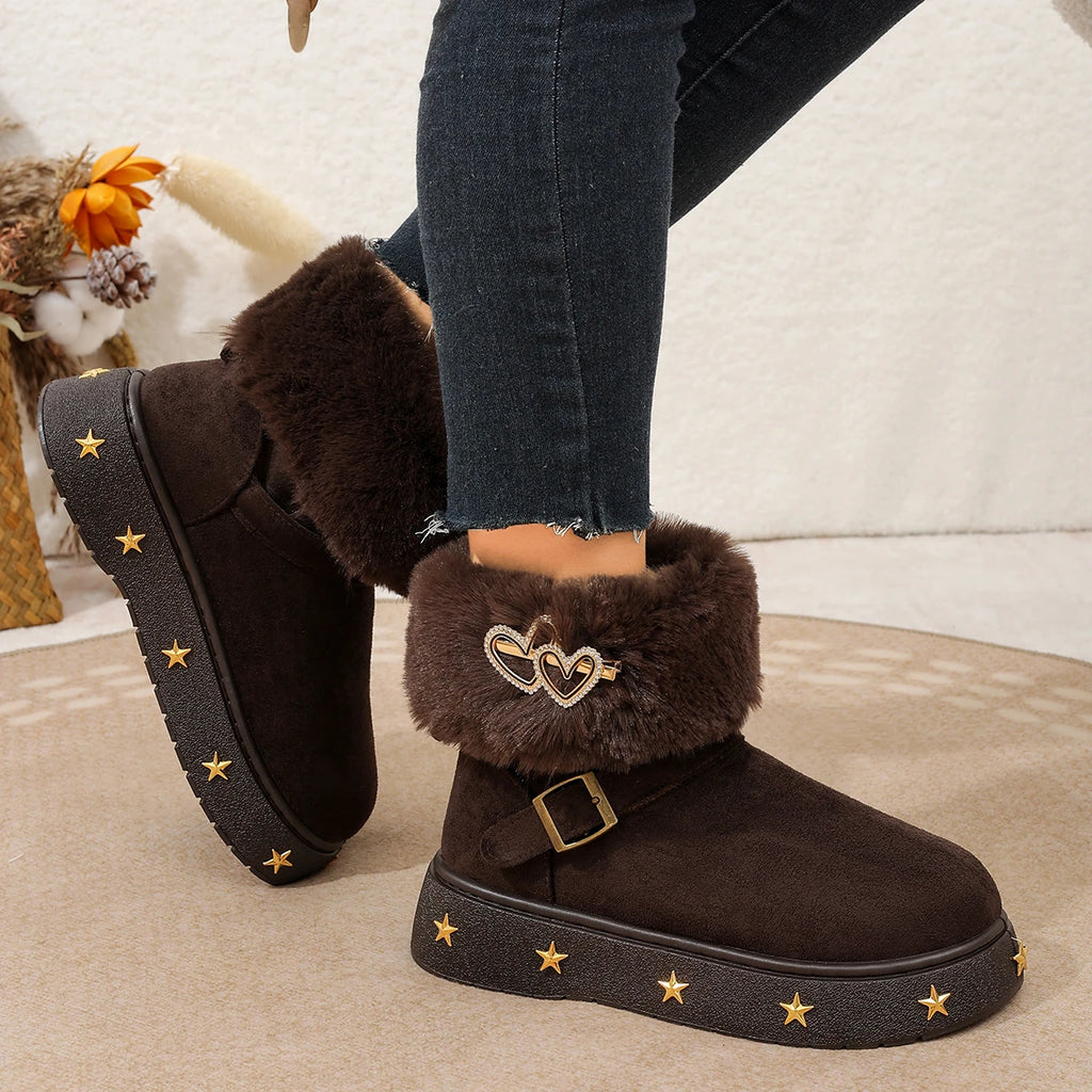 Fluffy Ankle Boots With Metal Stars Plush Booties