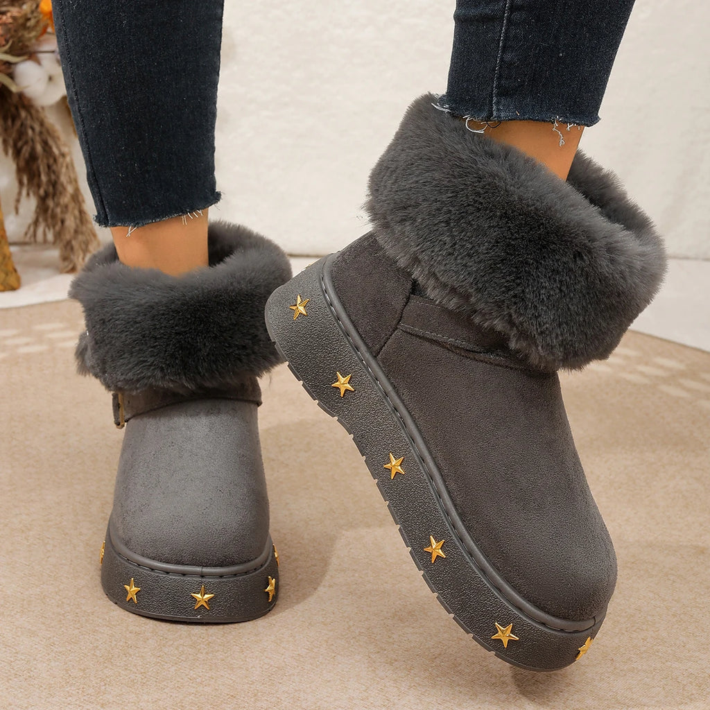 Fluffy Ankle Boots With Metal Stars Plush Booties