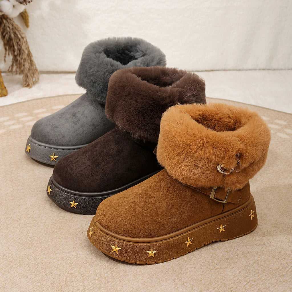 Fluffy Ankle Boots With Metal Stars Plush Booties