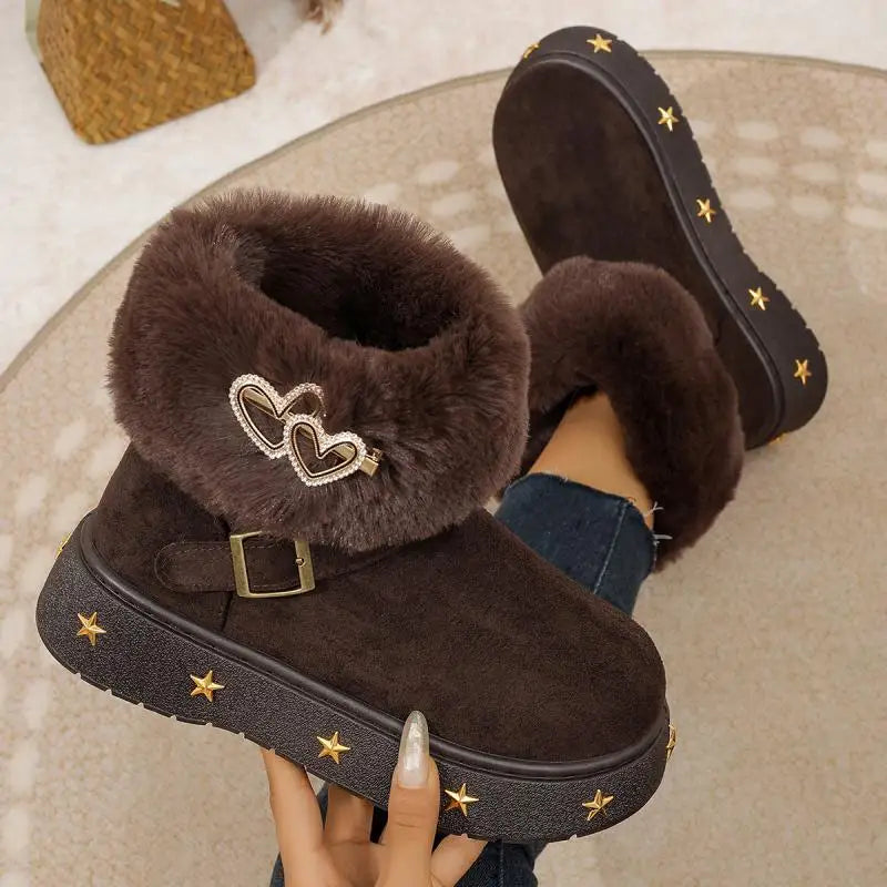 Fluffy Ankle Boots With Metal Stars Plush Booties