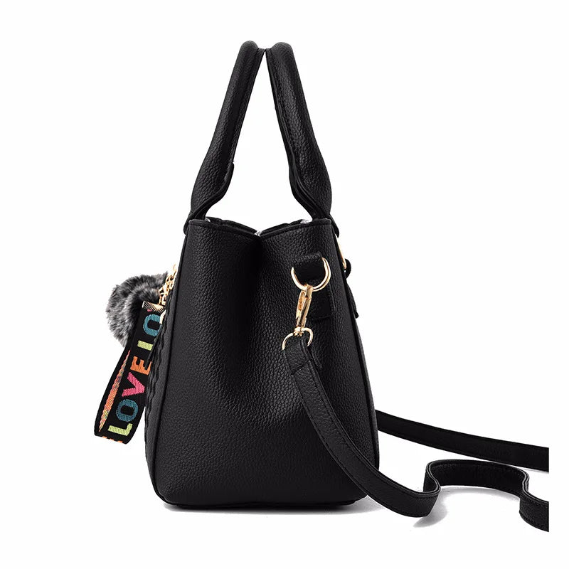 French-Style Tote Handbag With Shoulder Strap and Signature Pom-Pom