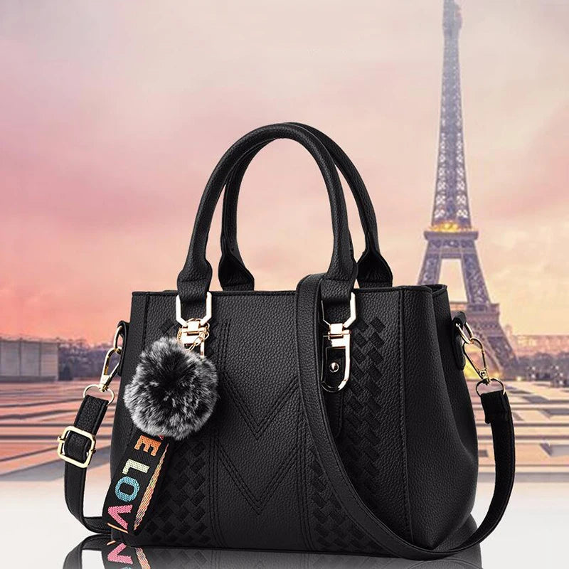 French-Style Tote Handbag With Shoulder Strap and Signature Pom-Pom