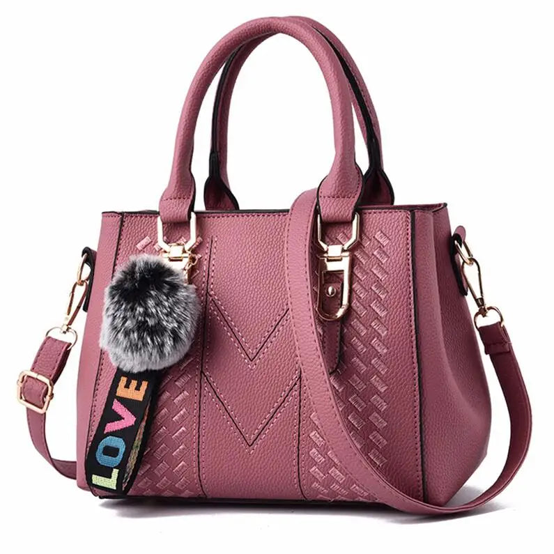 French-Style Tote Handbag With Shoulder Strap and Signature Pom-Pom