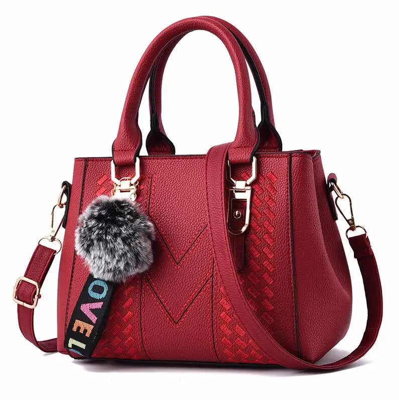 French-Style Tote Handbag With Shoulder Strap and Signature Pom-Pom
