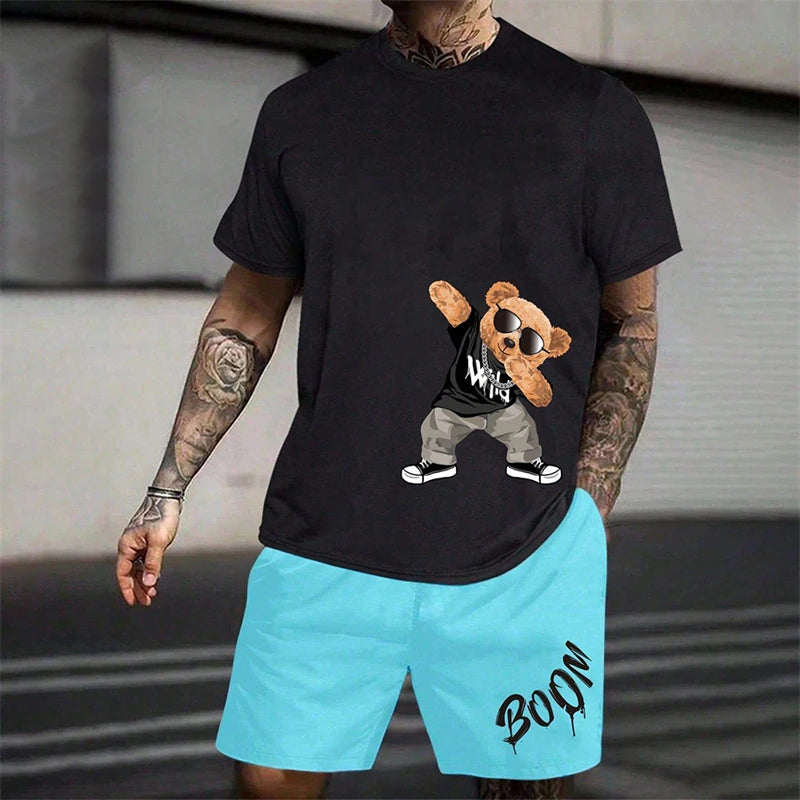 Fun Bear T-Shirt Shorts 2pcs Outfit Set Men's
