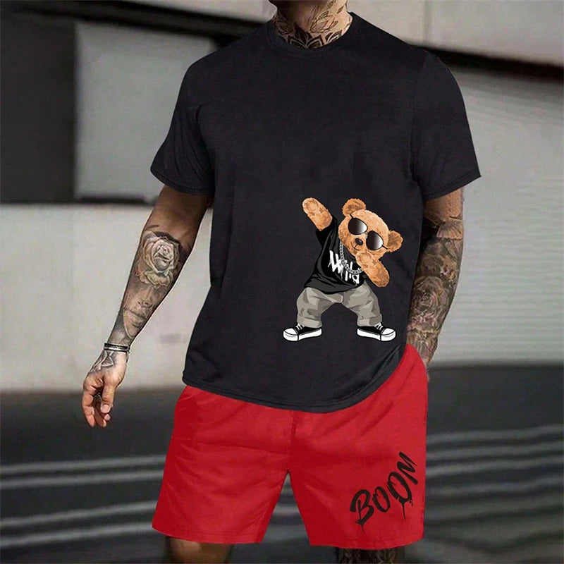 Fun Bear T-Shirt Shorts 2pcs Outfit Set Men's