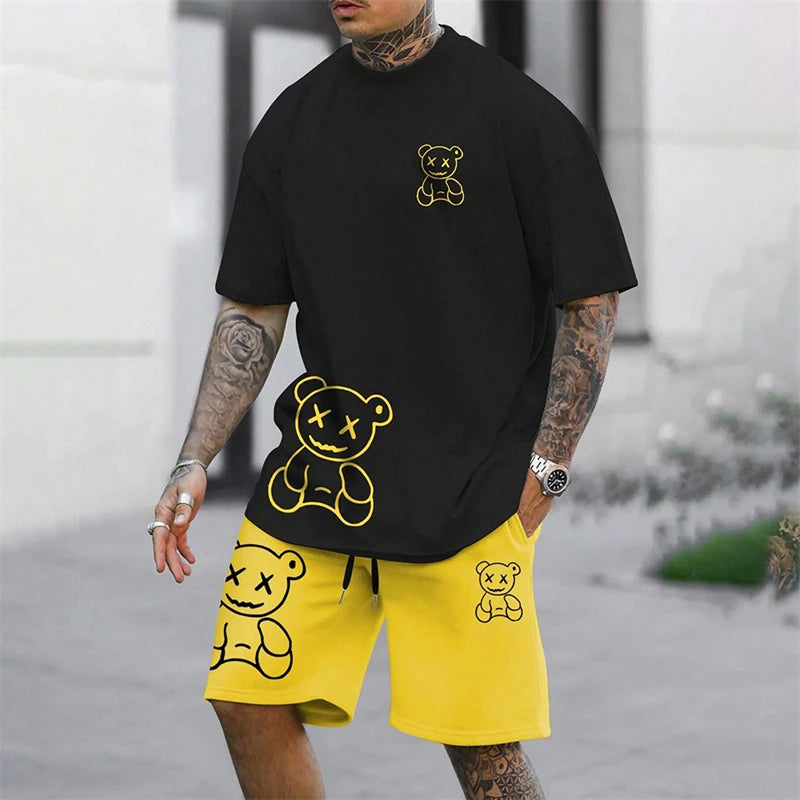 Fun Bear T-Shirt Shorts 2pcs Outfit Set Men's