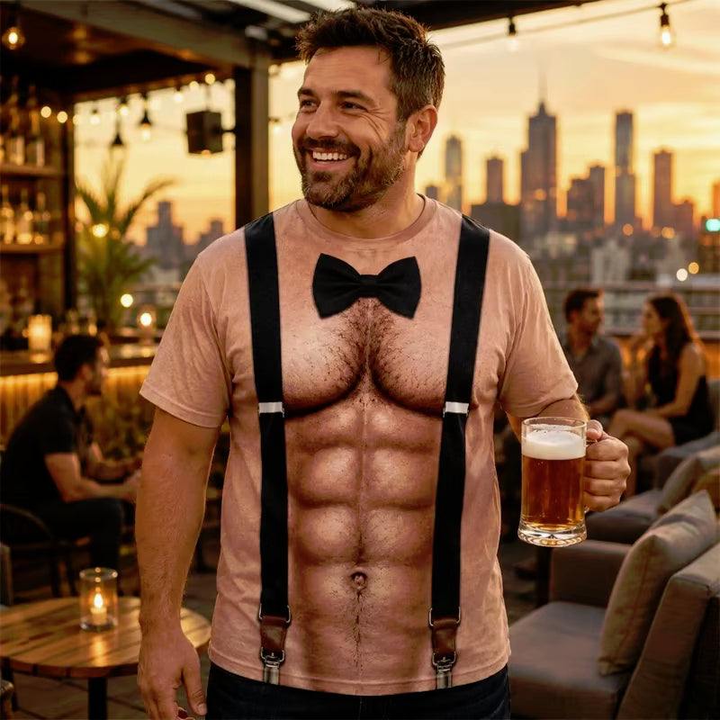 Funny Fake Muscle T-Shirt 3D Printed Abs Bow Tie Male Stripper