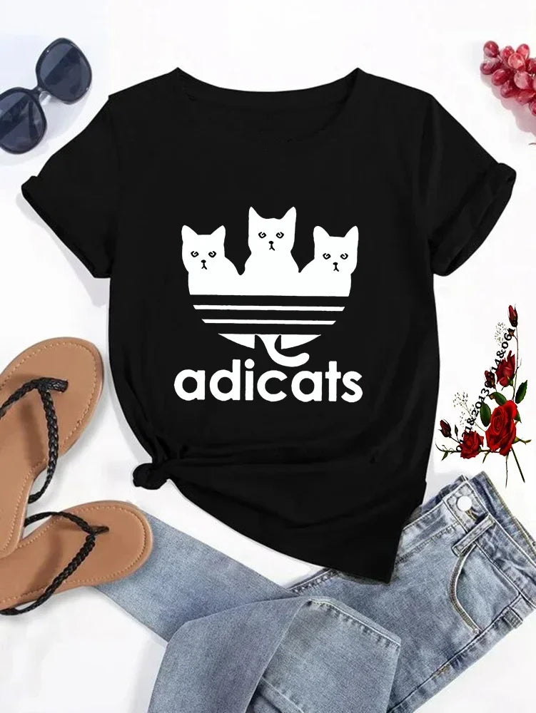 Funny Cat Printed T-shirt Cartoon Adicats