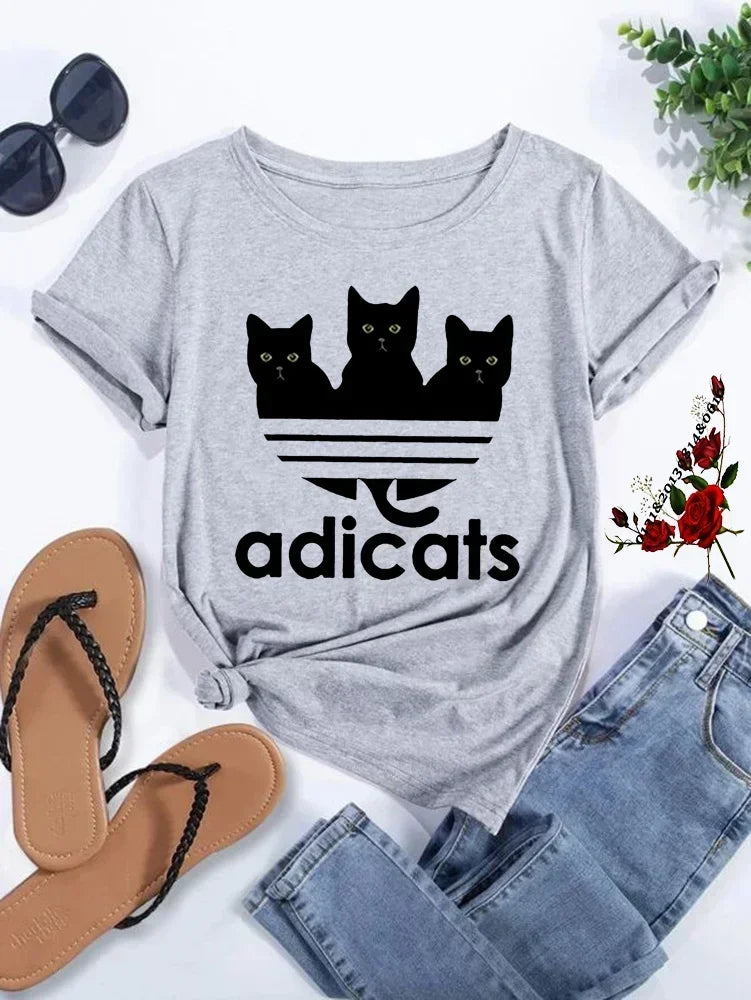 Funny Cat Printed T-shirt Cartoon Adicats