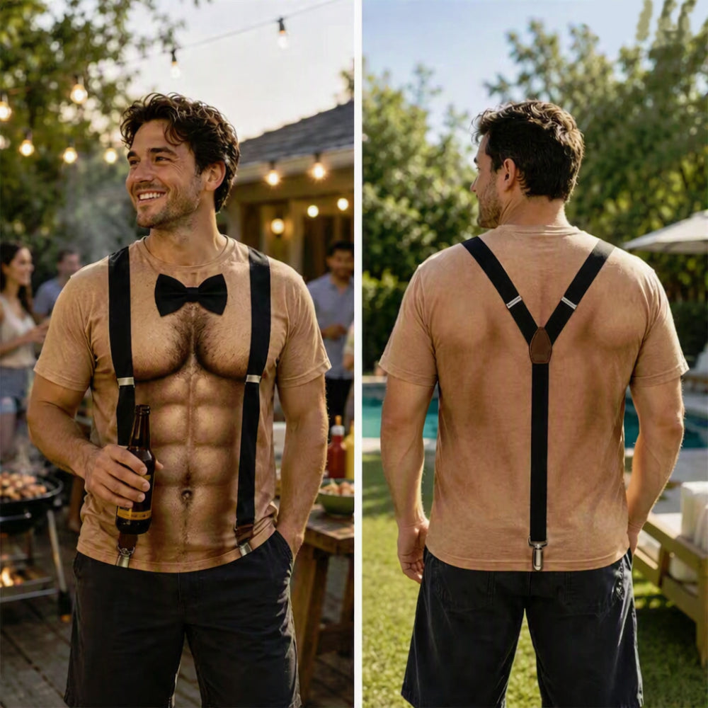 Funny Fake Muscle T-Shirt 3D Printed Abs Bow Tie Male Stripper
