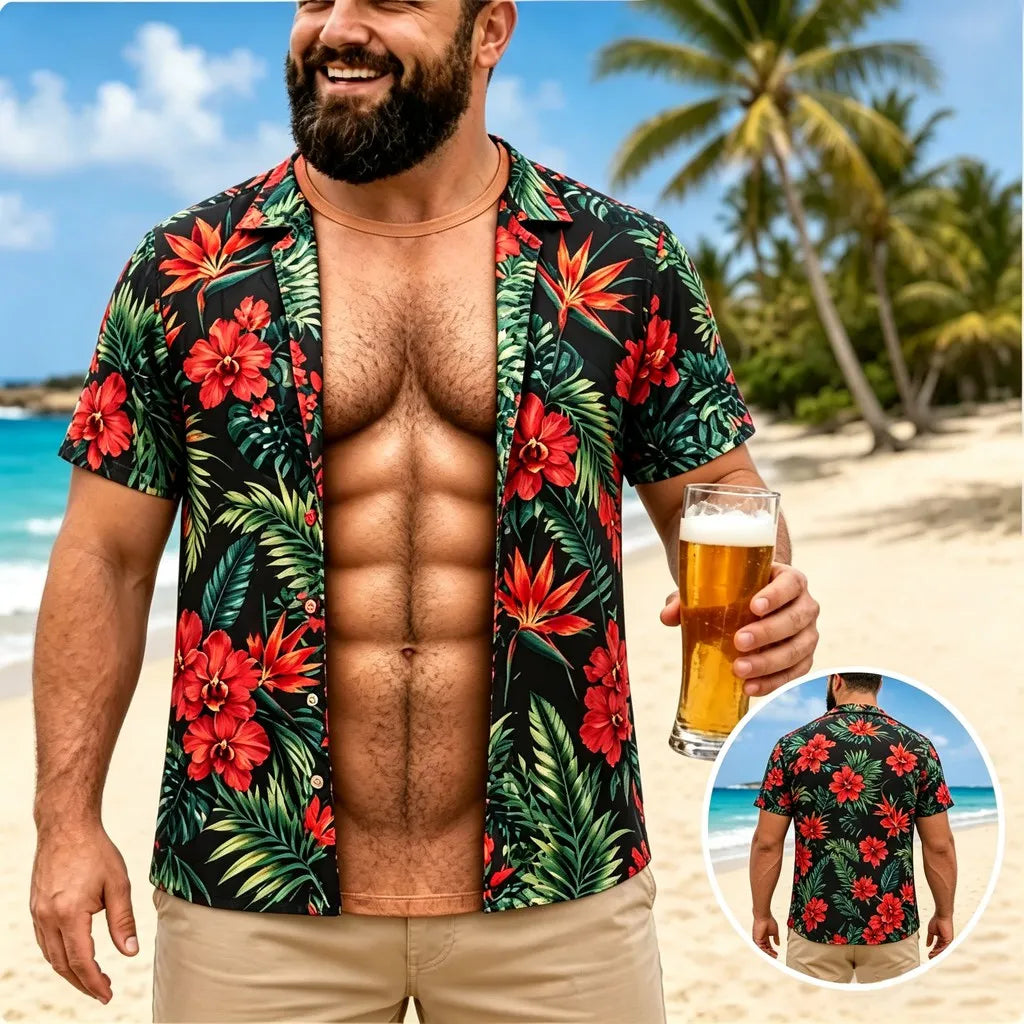 A man on a tropical beach wearing a short-sleeve open button-up Hawaiian shirt with a bold red and green floral print. He is holding a glass of beer, with a small inset showing the back view of the shirt.
