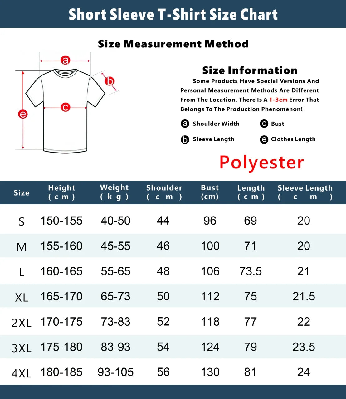 Short Sleeve T-Shirt Size Chart with measurements and material information