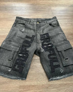 Cross Embroidered Baggy Denim Shorts