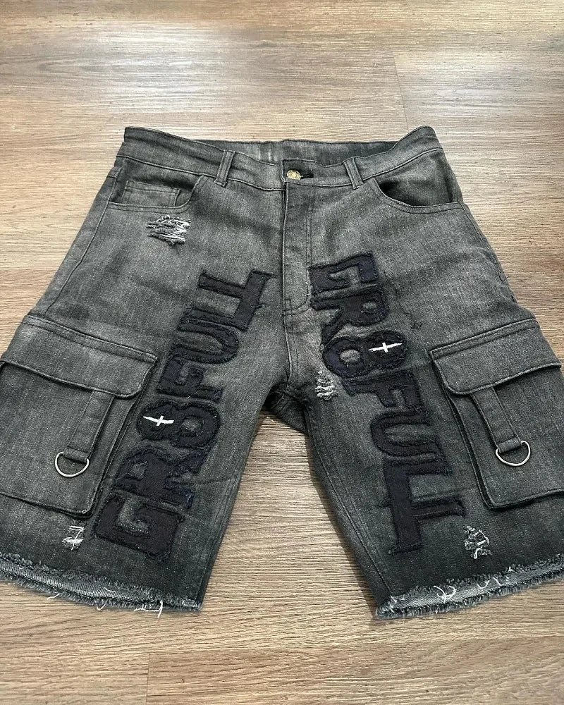 Cross Embroidered Baggy Denim Shorts
