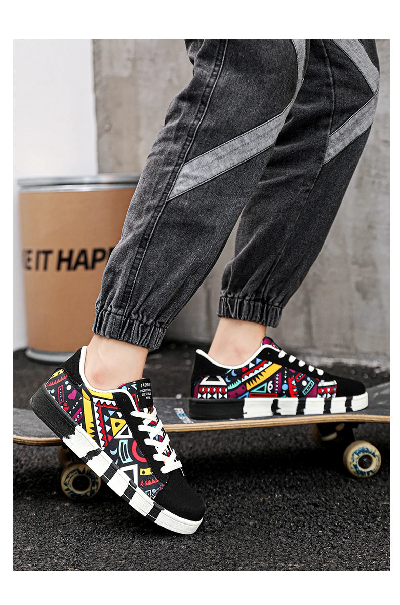 Geometric Canvas Sneakers Graffiti Print Skate Street Shoes