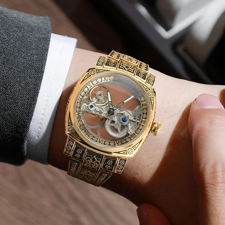 Statement Skeleton Mechanical Watch Stainless Steel Bronze Strap