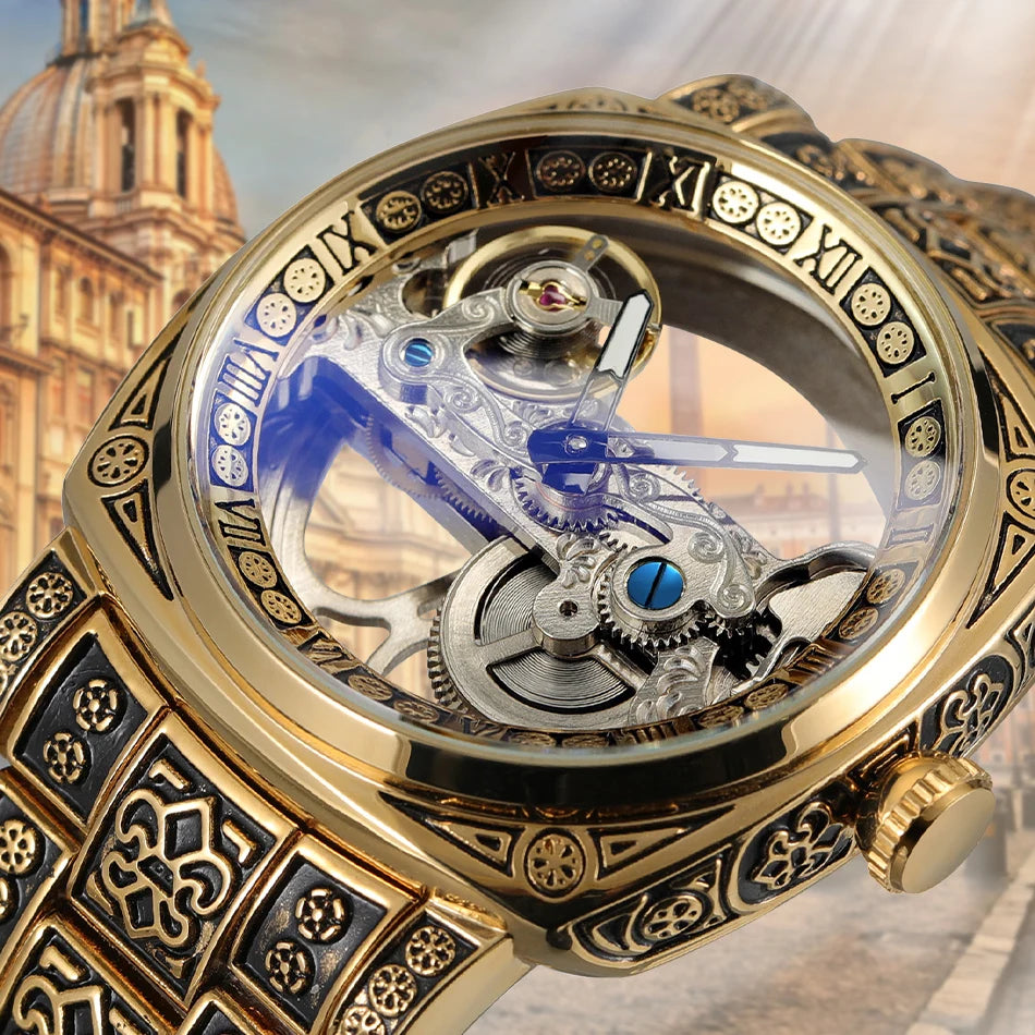 Statement Skeleton Mechanical Watch Stainless Steel Bronze Strap