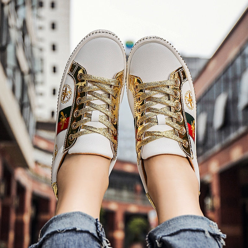 Gold Trim Trendy Fashion Leather Sneakers Casual Men's Women's Shoes