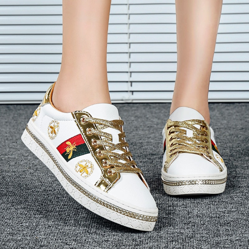 Gold Trim Trendy Fashion Leather Sneakers Casual Men's Women's Shoes